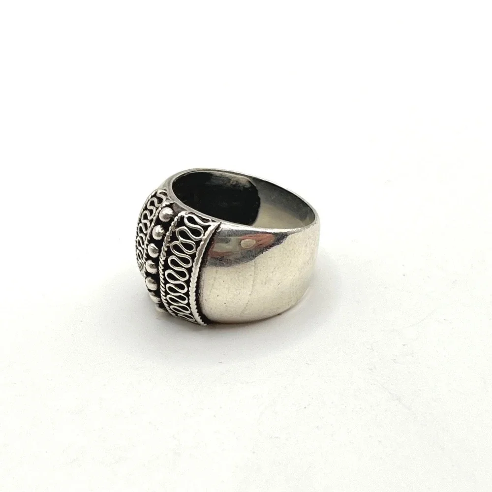 Sterling Silver 925 Balinese Scroll Beaded Wide Cigar Band Statement Ring Size 7